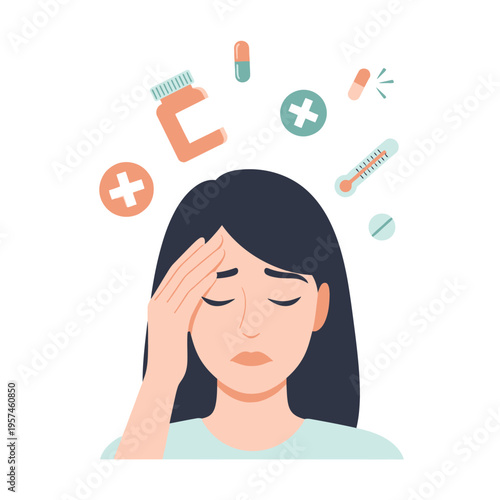 Woman with Headache and Fever, Surrounded by Medicine and Health Symbols