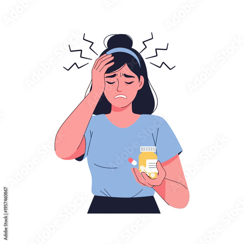 Woman with Headache Holding Medicine Bottle and Pill, Feeling Unwell