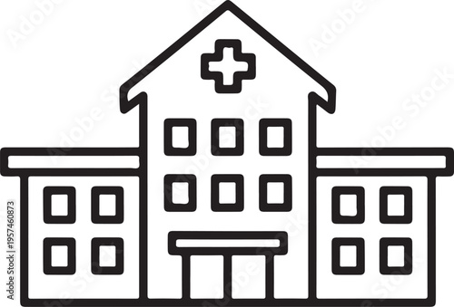 A simple black and white line art vector icon representing a medical hospital building structure isolated on transparent background, isolated on white background, Vector