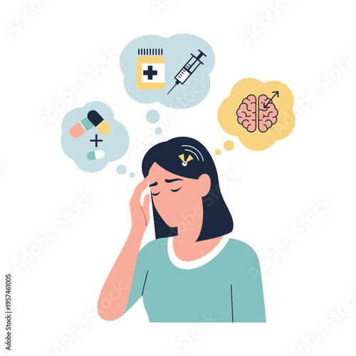 Woman with headache thinking about medication and brain health