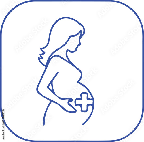 A blue outline icon of a pregnant woman featuring a medical cross symbol on her belly area design isolated on transparent background, isolated on white background, Vector