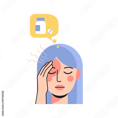 Woman with Headache Thinking About Medication, Pain Relief Concept Illustration