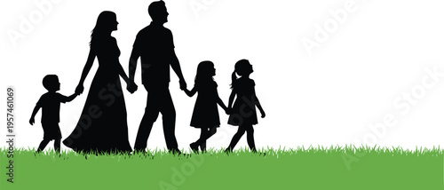 Happy family walking together in grass field silhouette, parents with three children holding hands, outdoor park activities, summer nature,