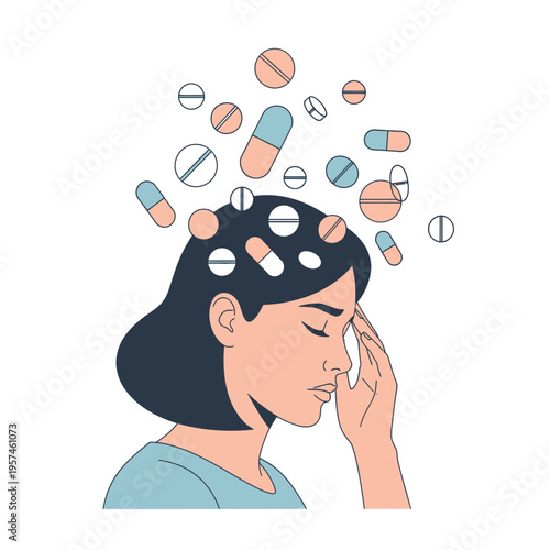 Woman with overwhelming pills in head, mental health, stress, anxiety, medication concept