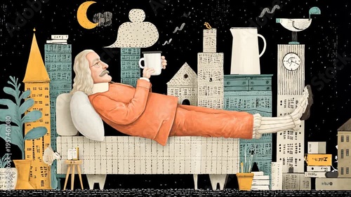 Relaxation And Cozy Whimsical Art In Nighttime Urban Landscape With Illustrated Character And Coffee Cup