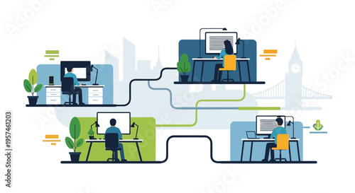 Global Remote Team Collaboration Network. Connected Professionals Working in Distributed Offices Worldwide.