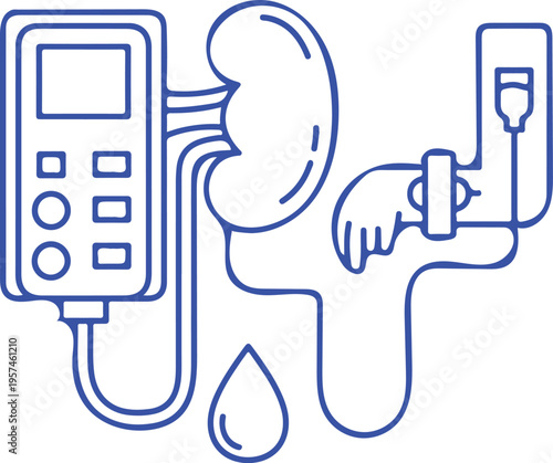 A blue outline icon depicting a medical dialysis machine connected to a human kidney and a patient isolated on transparent background, isolated on white background, Vector
