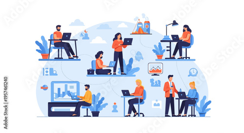 Connected Remote Team Collaboration & Online Business Network Illustration. Distributed Workforce Productivity, Digital Workflow, and Modern Workplace Concept.