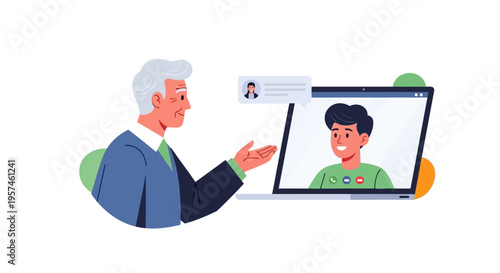 Online Video Call: Senior Man Engages with Young Professional on Laptop for Virtual Meeting