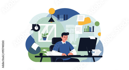 Overwhelmed Businessman Working on Computer at Messy Office Desk Illustration