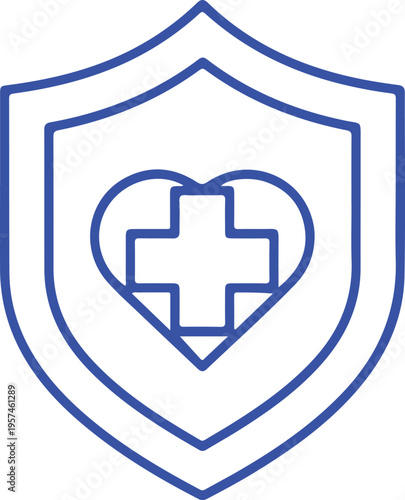 A blue outline icon featuring a medical cross inside a heart shape protected by a shield symbol isolated on transparent background, isolated on white background, Vector