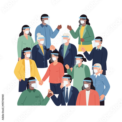 Diverse group of people wearing face shields and masks, protecting against virus