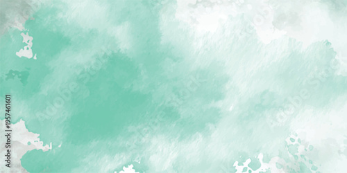Abstract mint green watercolor background with soft white splash texture.