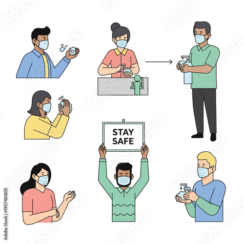 People Practicing Hygiene and Safety Measures During Pandemic - Flat Illustration