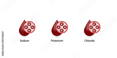 Electrolytes. Sodium,  Potassium, Chloride,  ions. Blood droplet, icon isolated on white background. Scientific Vector illustration.