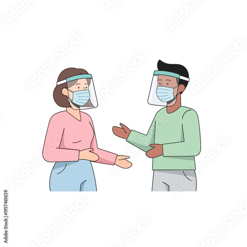 People wearing face shields and masks for protection during pandemic, social distancing