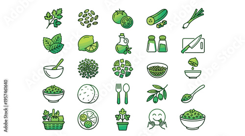 Tabbouleh Salad Ingredients Icon Set in Green Gradient Style. A collection of linear icons including parsley, mint, lemon, cucumber, tomato, bulgur, onion, bowl, olive oil