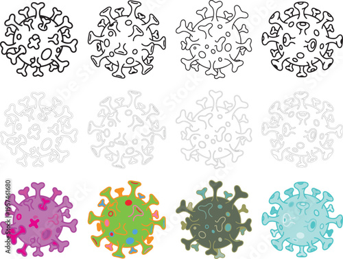 Four rows of stylized virus in black and white and color