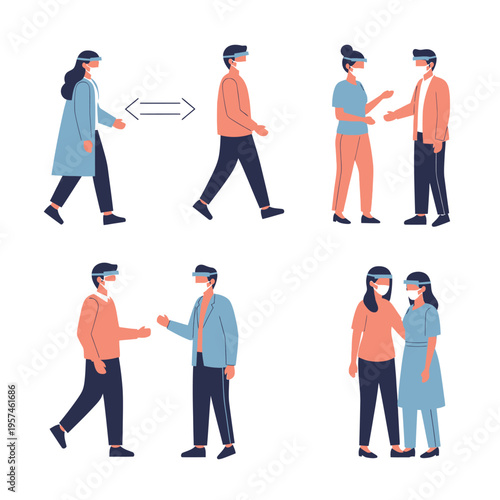 Social Distancing and Safety Measures: People Wearing Face Masks and Shields