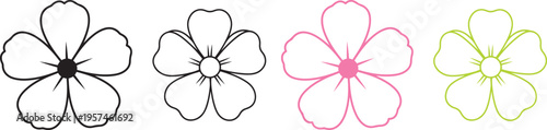Four stylized flowers black pink and green outlines