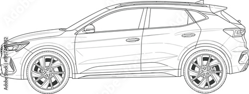 Modern SUV car technical drawing, side view outline vector illustration of a compact crossover vehicle for automotive design and coloring