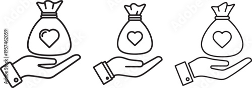 Three hands holding money bags with hearts charity