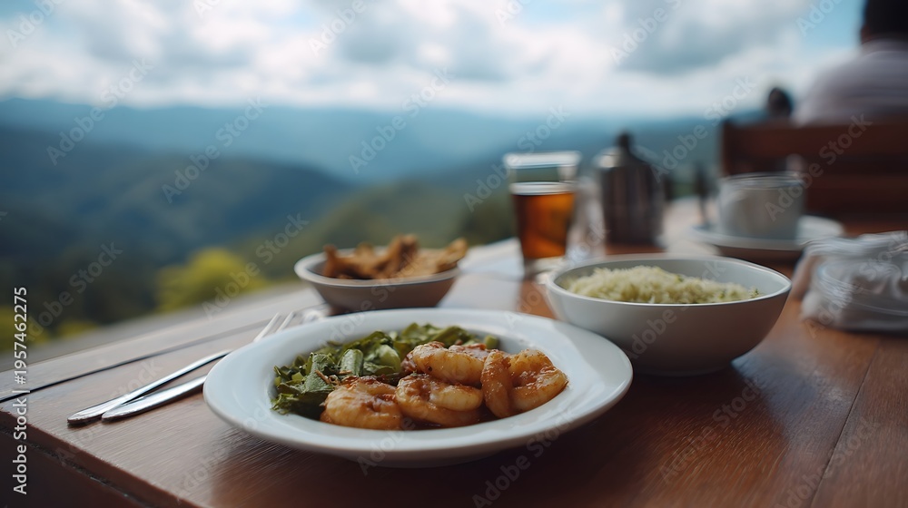 Naklejka premium Enjoying a delicious meal with a breathtaking mountain view from an outdoor dining setting