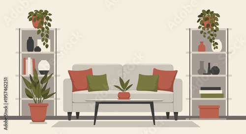 Cozy Living Room Interior with Sofa, Coffee Table, and Bookshelves.