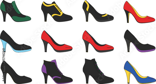 Women high heel shoes collection with colorful designs, fashion footwear vector illustration set, stylish pumps and boots, trendy accessories, isolated on light background