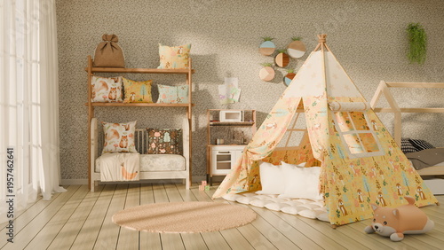 tent is set up in a childs play area with wooden furniture and colorful pillows. room has a light atmosphere with wooden floors and bright natural light coming in. 3d render