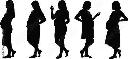 pregnant, women, silhouettes, pregnancy, maternity, female, expecting, baby, mother, body, pose, black, vector, illustration, isolated, white, background, healthcare, concept, collection