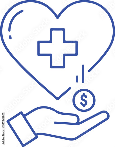 A blue outline icon showing a hand holding a coin beneath a heart symbol with a medical cross sign isolated on transparent background, isolated on white background, Vector