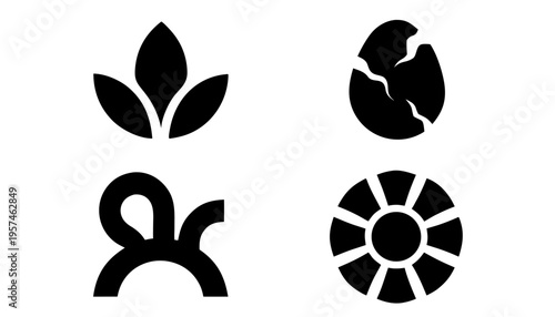 Minimalist Nature Icon Grid Set with Leaf Cracked Egg Bunny and Sun Vector