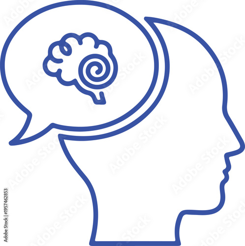 A blue outline icon showing a human head profile with a speech bubble containing a brain symbol isolated on transparent background, isolated on white background, Vector