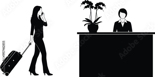 hotel, reception, silhouettes, business, woman, travel, luggage, check, in, desk, receptionist, service, hospitality, black, vector, illustration, isolated, white, background, concept