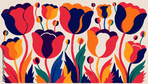 Gouache Style Vector Art of Oversized Tulips and Tiny Buds with Thick Texture