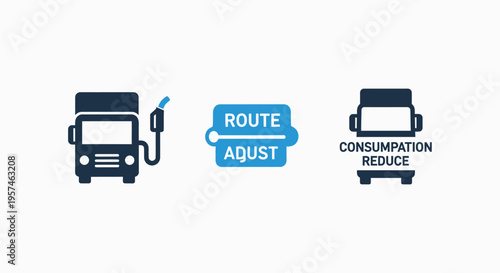 Truck refueling and consumption reduction icons representing logistics optimization and efficient route planning for commercial vehicles with gas station
