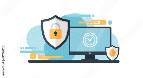 Cybersecurity concept with shield and computer for data protection.