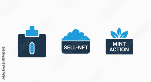 Nft icons: digital asset wallet, sell nft marketplace, and mint action, representing cryptocurrency and blockchain art, non fungible