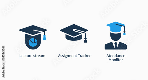 Educational icons: lecture stream, assignment tracker, and attendance monitor, symbolizing online learning and student management
