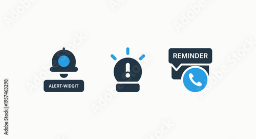 Notification icons: bell alert, exclamation mark, reminder call - communication concept