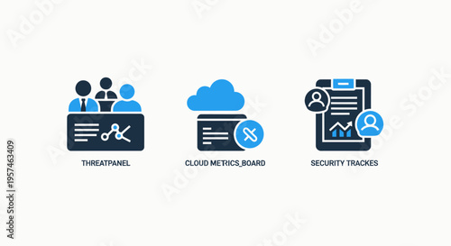 Business analytics icons: team, cloud data, and performance report representing data analysis, cloud computing, and strategy