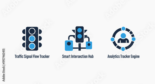 Traffic management icons: traffic light, smart intersection, and traffic tracker representing urban mobility and flow control