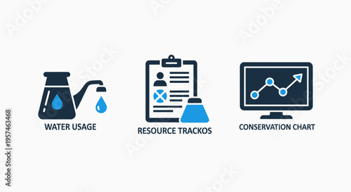 Water usage, resource tracking, and consumption chart icons for environmental monitoring