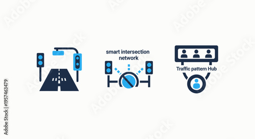 Traffic intersection, network, and people icons symbolizing smart city and connectivity concepts
