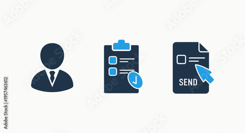 Task completion icons: checklist, user profile, send document, task management, workflow progress, digital submission