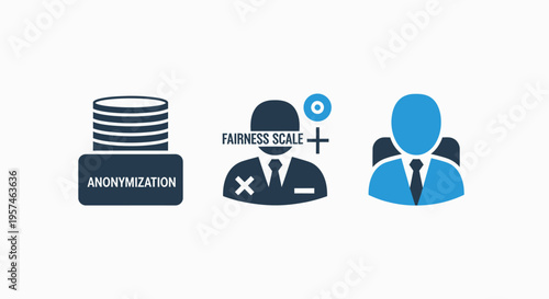 Business and finance icons: document archive, fairness scale, user group, investment records, financial services, company data