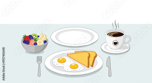 Delicious Breakfast Spread with Fried Eggs Toast Fruit Salad and Coffee.