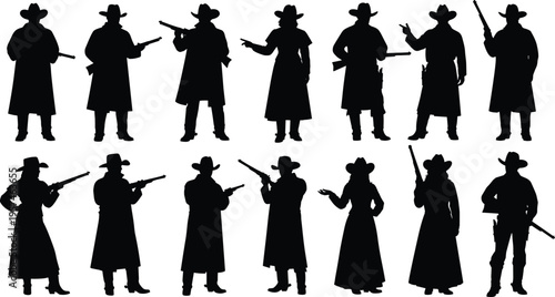 Black western gunfighter silhouettes set, cowboy and cowgirl outlaw poses with rifles and pistols, wild west character vector icons collection.