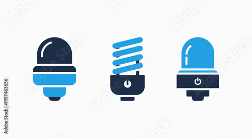Set of lightbulb and alert light icons, including energy saving bulb and warning lamp, representing ideas and notifications